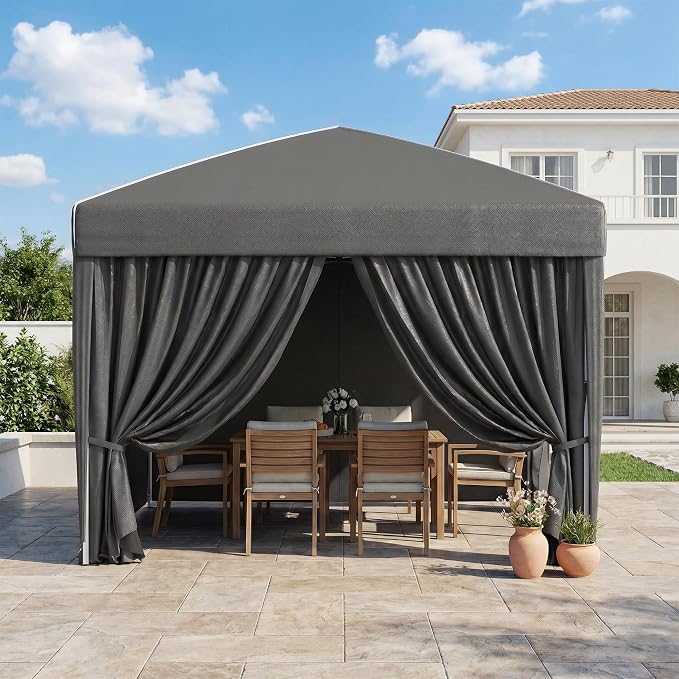KIGOTY 10x10 FT Portable Pop Up Canopy Tent, Adjustable Height Instant Gazebo with Sidewalls, One-Push Setup Outdoor Canopy for Camping, Parties, Vendor Events (Grey with Reflective Strip, 3m × 3m)