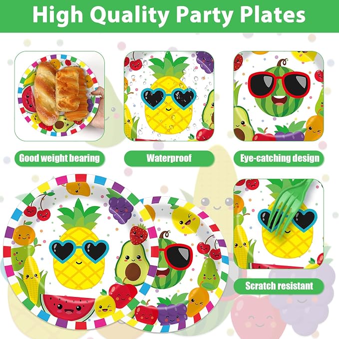 50 Guests Tutti Frutti Party Supplies Fruit Theme Birthday Plates and Napkins Forks Summer Fruit Tableware Watermelon Pineapple Paper Plates for Birthday Baby Shower Party 200PCS