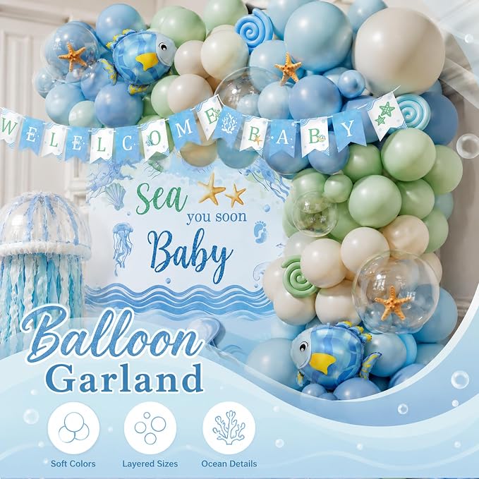Under the Sea Baby Shower Decorations, All-in-One Sea You Soon Baby Shower Boy Party Decoration Kit with Balloon Arch Backdrop for Summer UnderWater Ocean Animal Theme Baby Shower Decorations Boys