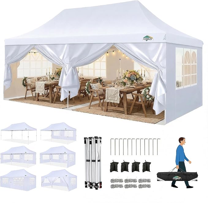 COBIZI 10x20 Pop Up Canopy with 6 Sidewalls - Waterproof Commercial Tent, UV 50+ Protection, Easy Setup Outdoor Gazebo for Parties, Events & Garden with Sandbags, Swan White