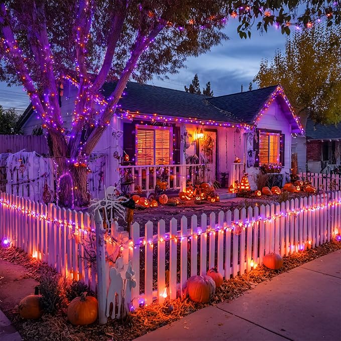 JMEXSUSS 2 Pack Solar String Lights Outdoor Waterproof, Total 400 LED 151FT Solar Christmas Lights Outdoor, 8 Modes Christmas Light for Outside Patio Yard Tree Decorations, Orange and Purple