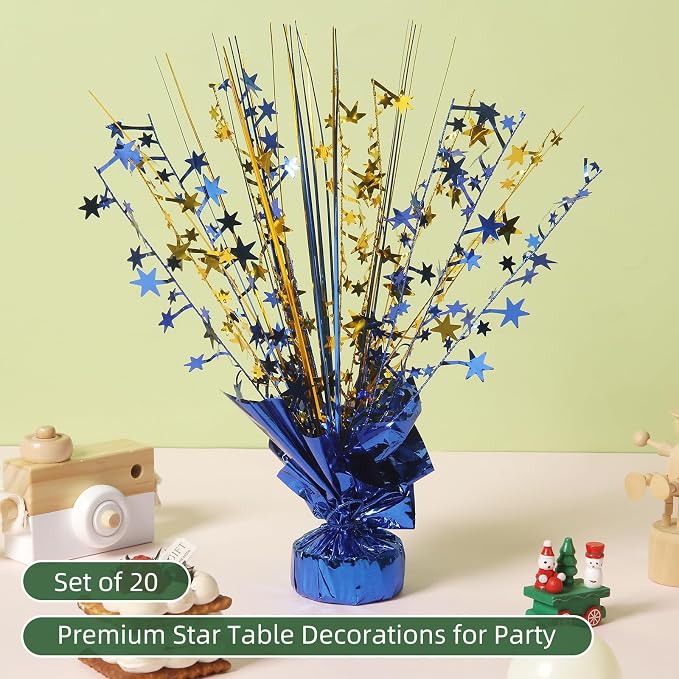 20 Pack Blue Gold Foil Spray Centerpiece Star Table Decoration Metallic Burst Table Centerpieces for Birthday Graduation New Year Wedding Anniversary Party Supply (Blue Gold)