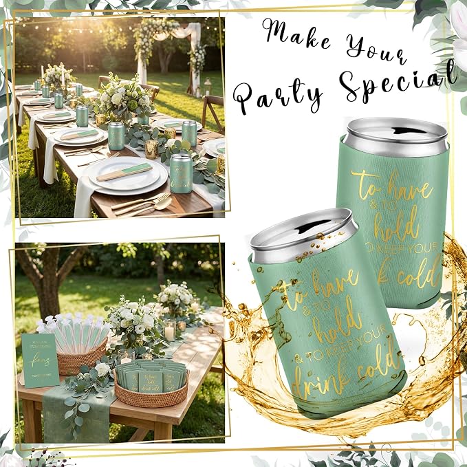 Hoteam 25 Sets Wedding Party Favors for Guests Bulk Including Can Cooler and Paper Folding Fans with Wedding Decor Table Sign Cheers to Love for Bridal Shower Party Souvenir(Classical,Green)