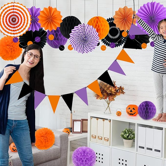 Halloween Party Decorations Paper Fans, Graduation Season Hanging Glitter Triangle Flags Banner Hanging Paper Fan Happy Birthday Banners and Triangular Flag, Bridal Shower,Purple Themed Birthday