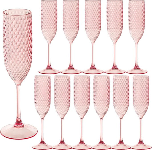 12 Pack Pink Plastic Champagne Flutes Mimosa Unbreakable Champagne Glasses Wedding Toasting Glasses 5.5 OZ Reusable Diamond Glasses Wine Cups Vintage Drinking Glasses for Wedding,Christmas,Party