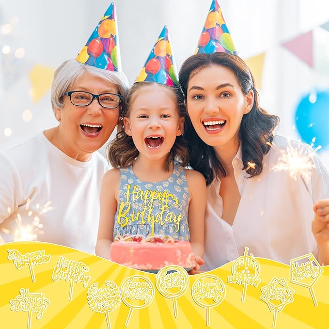 150 Pcs Happy Birthday Cake Toppers Acrylic Cake Topper Glitter Birthday Cake Decorations Double Sided for Adults Various Cake Decoration Party Supplies(Gold,Cute)