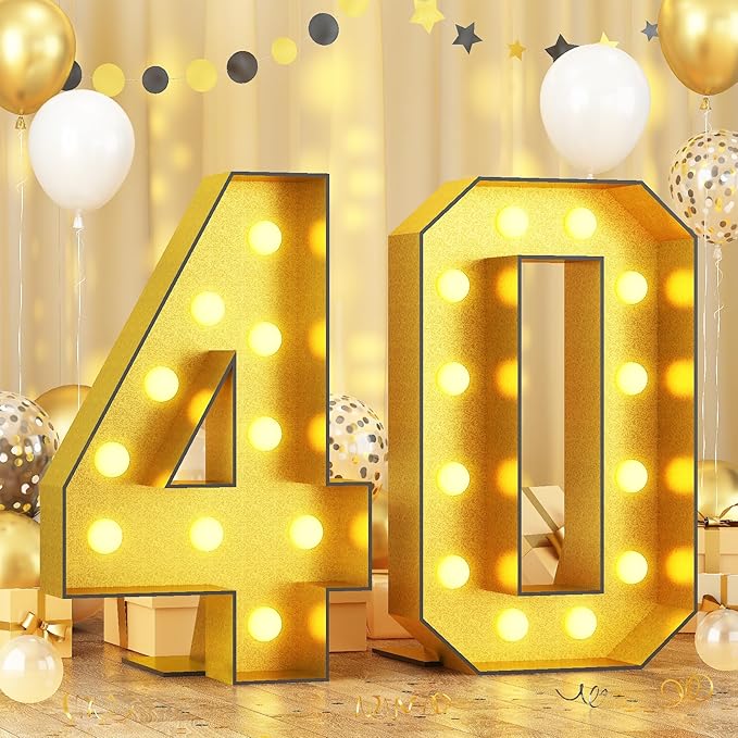 4FT Gold Large Light Up Numbers 40 Marquee Frame Mosaic Numbers for 40th Birthday, Giant Light Up Number DIY Frame Pre-Cut Foam Board Kit for Graduation Anniversary Decor