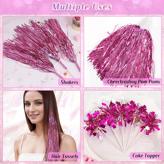 LOLStar Pink Foil Fringe Tinsel Garland, Tinsel Streamers Banner, 6 Pack | 60Ft Metallic Tinsel Streamers Banner, Glitter Photo Booth Props for Wedding, Parade Float, Gender Reveal Party Decor