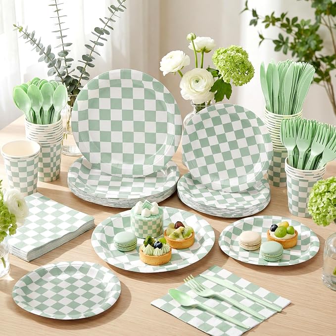 Pickmesh 400 Pcs Sage Green and White Checkered Party Decorations Set Light Green Gingham Disposable Paper Plates Napkins Cups Cutlery Plaid Party Decorations for Baby Shower Wedding Birthday Serve 50