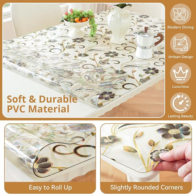 LovePads Floral Table Protector 42 x 84 Inch, 1.5mm Thick Plastic Table Cover, Waterproof Vinyl Tablecloth Rectangular Desk Protector Mat for Kitchen, Dining Room & Coffee Tabletop