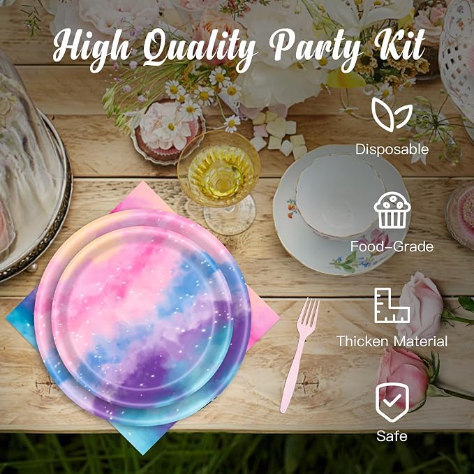 Galaxy Party Kit for 24 Guests - 97 Pcs Including Plates, Forks, Napkins, Bunting - Perfect for Astronaut-Themed Birthday Adventures