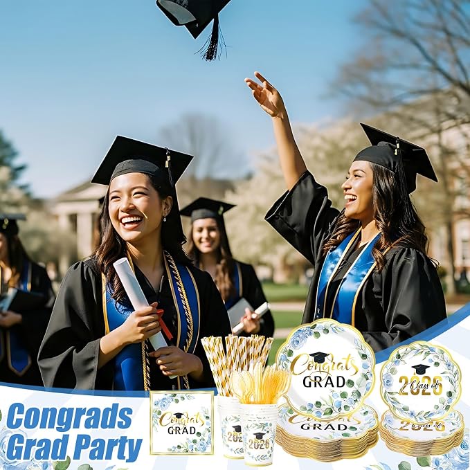 Funnymoom 452 Pcs Class of 2026 Blue Floral Graduation Decoration Party Supply for 50, Blue Gold Congrats Grad Paper Plates Napkins Cup Tablecloth Cutlery Straw for Freshly Graduated Decoration