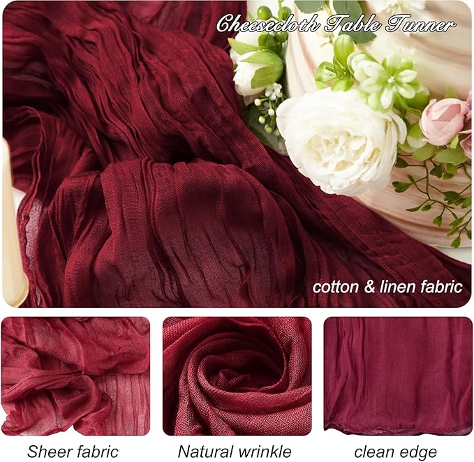 8 Pack 10Ft Table Runner 35x120 inch Burgundy Boho Gauze Table Cheese Cloth Long Wrinkled Sheer Table Runner for Wedding Bridal Shower Birthday Party Table Decor