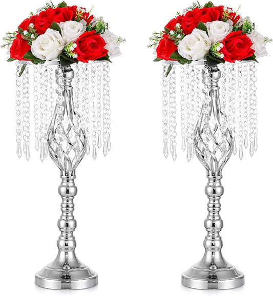 Sliver Vases Centerpieces for Table: 19.3" Tall Flower Stand with Crystal Patent for Wedding Center Piece Party Event Set of 2