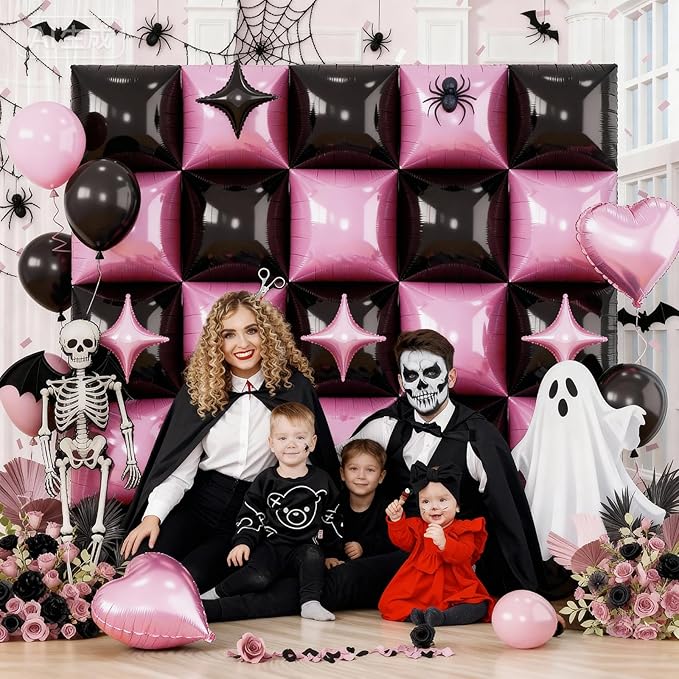 32PCS Pink and Black Square Foil Balloons, Double Sided Light Pink and Metallic Black Square Balloon Backdrop Wall with Star Foil Balloons Flat Tunnel Background for Girls Queen Birthdays Bachelorette
