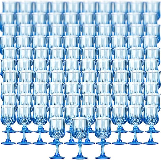 XKXKKE 100 Pcs Blue Plastic Wine Glasses, Plastic Water Goblets for Parties, Stemmed Drinking Glasses for Wedding Reception, Grand Event Party Bar Supplies Reusable Drinking Cups