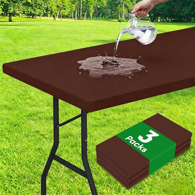 Smiry 3 Pack Rectangle Table Cloth, Elastic Fitted Flannel Backed Vinyl Tablecloths for 8ft Folding Tables, Waterproof Wipeable Table Covers for Indoor, Outdoor, Camping and Picnic (Coffee, 30"x96")