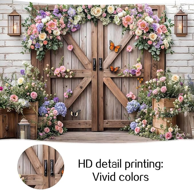 10X8ft Wedding Rustic Barn Door Photography Backdrop Vintage Wood Board Pink Purple Rose Flowers Bridal Anniversary Party Photo Shoot Decor Props