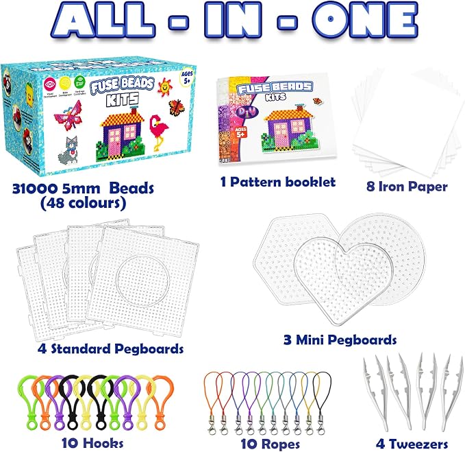 FUNZBO 31000 5mm Fuse Beads Kit - 48 Colors, Homeschool Arts and Crafts Supplies for Kids, Toys Set, Art Decorations for Room, Birthday Toys Gifts for Girls and Boys Age 5+