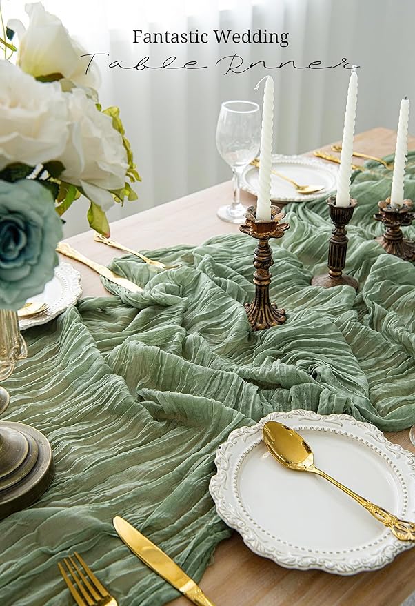 10 Pack Sage Green Cheesecloth Table Runner 17x108 Inch Semi Sheer Boho Gauze Cheese Cloth Table Runners, for Wedding Bridal Shower Birthday Party Home Decor Garden Farmhouse