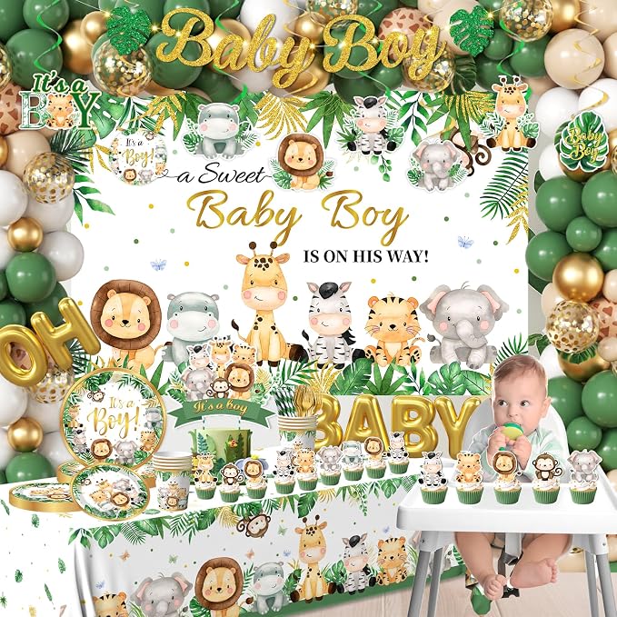 Safari Baby Shower Decorations,387pcs Jungle Baby Shower Decorations Sweet Boy Baby shower Theme Plates and Napkins Cups Tablecloth Backdrop Topper Balloons for Boy Wild Birthday Decorations