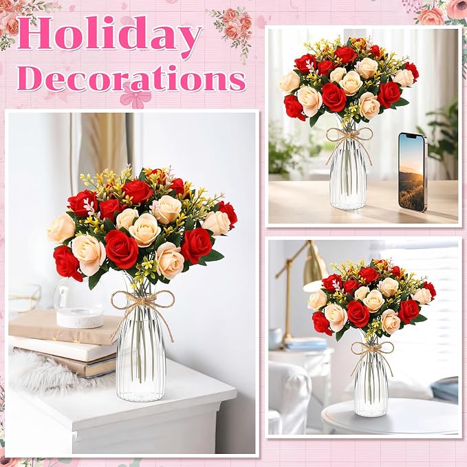 Zeyune 31 Pcs Rose Artificial Flowers with Vase Bulk for Table Centerpiece, 20 Bundles Fake Silk Roses 10 Plastic Clear Vase with 1 Pcs Rope Arrangement Decoration Wedding Home Party(Champagne,Red)