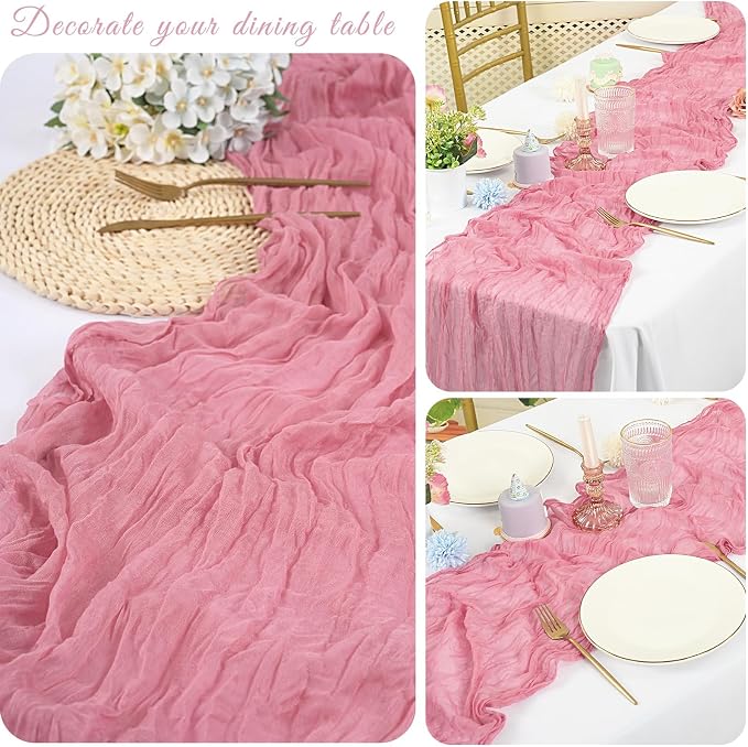 20 Pack Cheesecloth Table Runner 17 x 108 inch Long Boho Gauze Table Runners Semi Sheer Table Runner for Wedding Decor, Baby Shower, Birthday Party, Banquet (Dusty Rose)