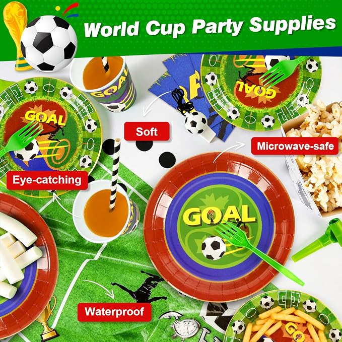 251PCS Soccer Party Decorations Serve 50 World Cup 2026 Soccer Ball Birthday Plates and Napkins Cups Tablecloth Party Supplies Disposable Party Favors Football Sports Theme Tableware Set