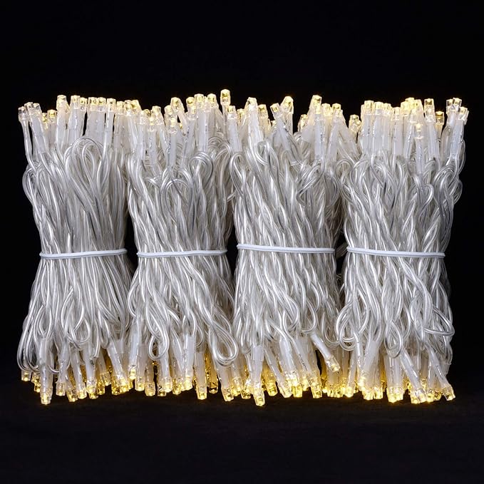 YULETIME 300 Warm White String Lights, 100 ft 8 Models Clear Wire 5mm LED | Wide Angle Bulbs, Safe 29V Adapter, Multimode Lighting, Connectable, 100' Total Length, 1-Strand 300 Lights, 4" Spacing