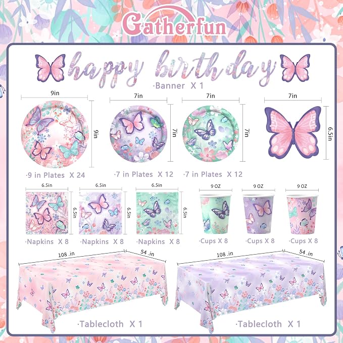 Butterfly Birthday Party Supplies Set - Includes Disposable Plates, Cups, Napkins, Tablecloth, and Banner | Butterfly Party Decorations for Girls Birthday Celebration,Serve 24