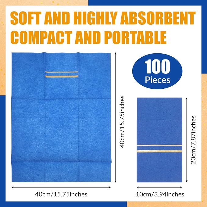Roshtia 100 Pack Dinner Napkins Disposable Linen Feel Dinner Napkins with Built-in Flatware Pocket Gold Trim Lined Pre Folded Paper for Wedding Party (Royal Blue,Gold)