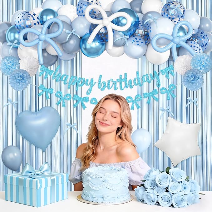 Light Blue Bow Birthday Party Decorations, Coquette Bow Blue and White Confetti Long Balloons Happy Birthday Banner Fringe Curtain Tassel Pompoms For Women Girls Theme Baby Shower Party Decorations
