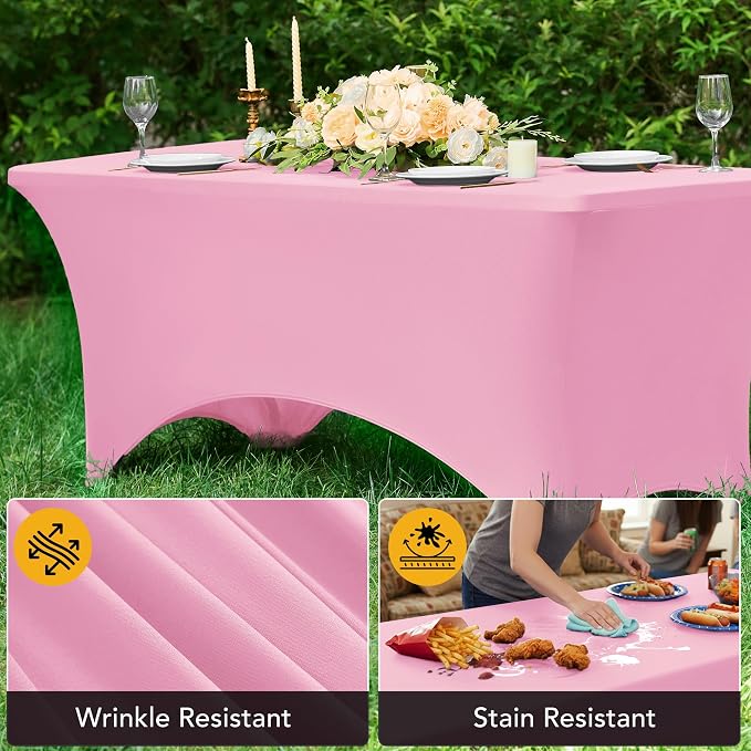 6-Pack Premium Pink Spandex Tablecloths for 8ft Rectangle Tables, Stain & Wrinkle-Resistant, Washable Stretch Polyester Fitted Table Cover for Weddings, Banquets, Trade Shows Events