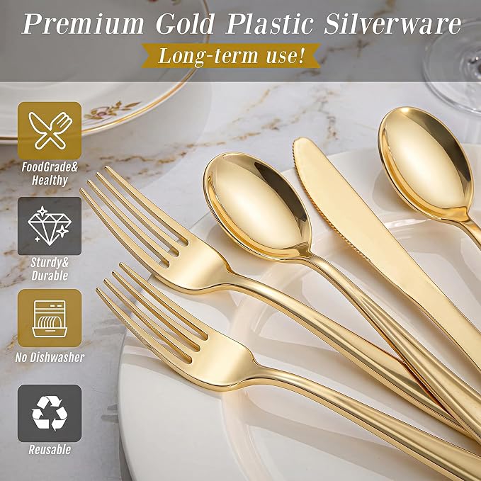 WDF 120 Pieces Gold Plastic Silverware - Disposable Flatware Set - Heavy Duty Plastic Cutlery - Silverware Includes 40 Forks, 40 Spoons, 40 Knives for Party Birthday Baby Shower Wedding Spring