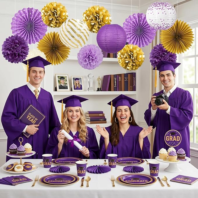 ADLKGG Purple Gold Party Decorations, 14 Pcs Hanging Paper Fans, Lanterns, Pom Poms, Elegant Backdrop for Graduation Party, Rapunzel Theme, Birthday, Baby Shower, Bridal Shower