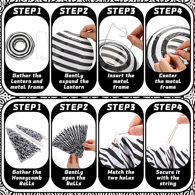 Retisee 18 Pcs Black and White Party Classroom Decoration Hanging Black White Paper Lanterns Paper Fans Honeycomb Balls Polka Dots Stripe Lanterns Decorative for School Classroom Decoration Supplies