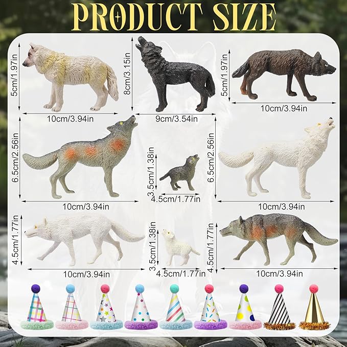 Colingmill 18 Pcs Wolf Miniature Birthday Hats & Figures Cake Toppers with Mini Hat for Birthday Party, Animal Themed Party