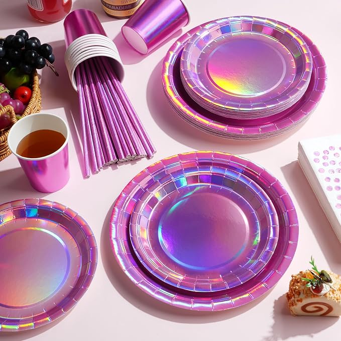 Iridescent Pink Party Supplies Decorations Serve100, Hot Pink Holographic Paper Plates and Napkins Set, Disposable Pink Paper Plates Cups Knives Spoons Fork for Mermaid Disco Kpop Birthday Party Decor