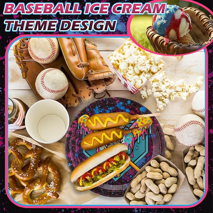 FoldTier 350 Pcs Black Ice Cream Drip Baseball Birthday Party Decorations Set Ice Cream Paper Plates Napkins Fork Set Disposable Fairy Tableware Decorations Supplies for Baby Shower Dinner Serves 50