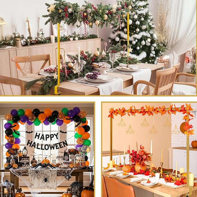 OurWarm 8.2 Ft Adjustable Wedding Backdrop Stand, 2-in-1 Floor Arch & Over-the-Table Rod, Gold Metal Square Background Frame, Photo Backdrop Balloon Arch Stand for Birthday Party Baby Shower Decor