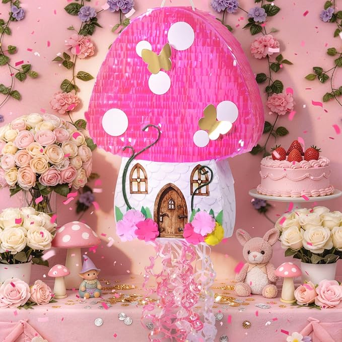 WERNNSAI Mushroom Piñata - Fairy Flower Butterfly Piñata with Stick and Blindfold, for Mushroom Birthday Party Decor, Summer Forest Games, Carnivals Supplies (16.5"x12.4"x3")