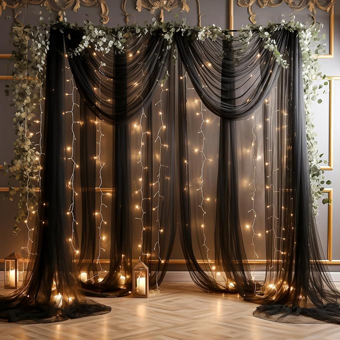 20x8ft Black Tulle Backdrop Curtain with Lights String for Parites, Sheer Photo Backdrop Curtains with Lights for Wedding Backdrop Ceremony Reception Bridal Shower Baby Shower Birthday Party