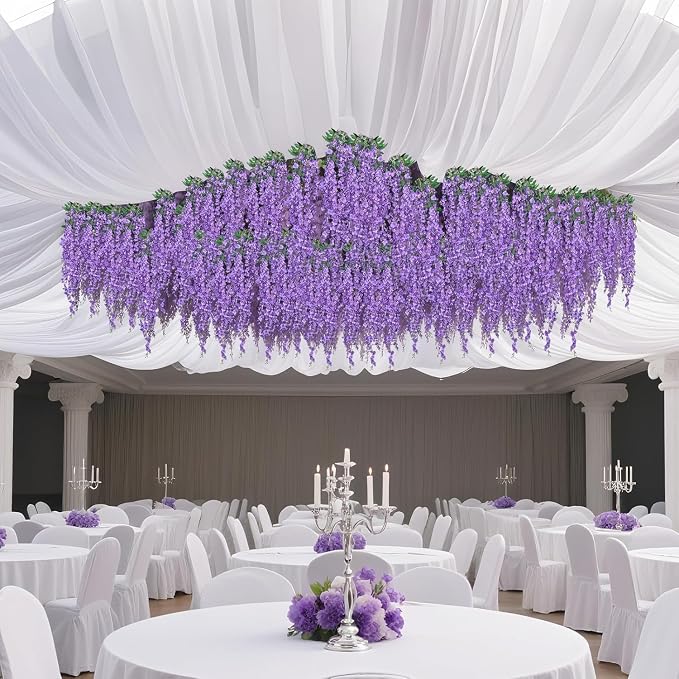 BSMYBO 30 Branches Wisteria Hanging Flowers Purple Artificial Wisteria Hanging Flowers Garlands Vine for Wedding Arch Party Ceremony Home Garden Backdrop Wall Decoration (2 Pack)