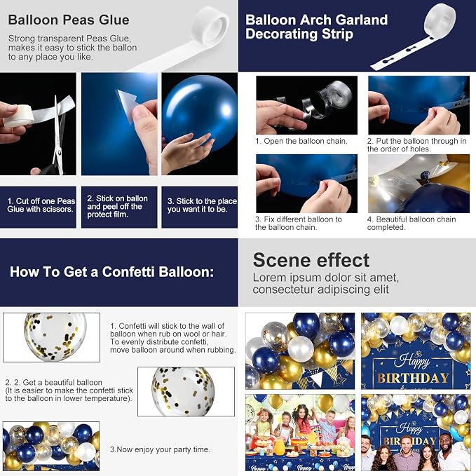 Moukeren Navy Blue and Gold Birthday Party Decorations 56 Pcs Happy Birthday Photography Backdrop Banner Tablecloths Confetti Balloons Kit for Boys Girls Men Women Party Supplies Decor