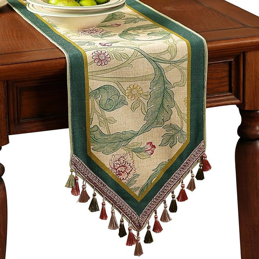patdrea Designer Green Floral Table Runner,French Elegant Vibrant Rustic Linen with Green Leaves Patterns Fabric Table Mat,Decoration for Kitchen Dining Room Banquet Christmas ,12"*71"
