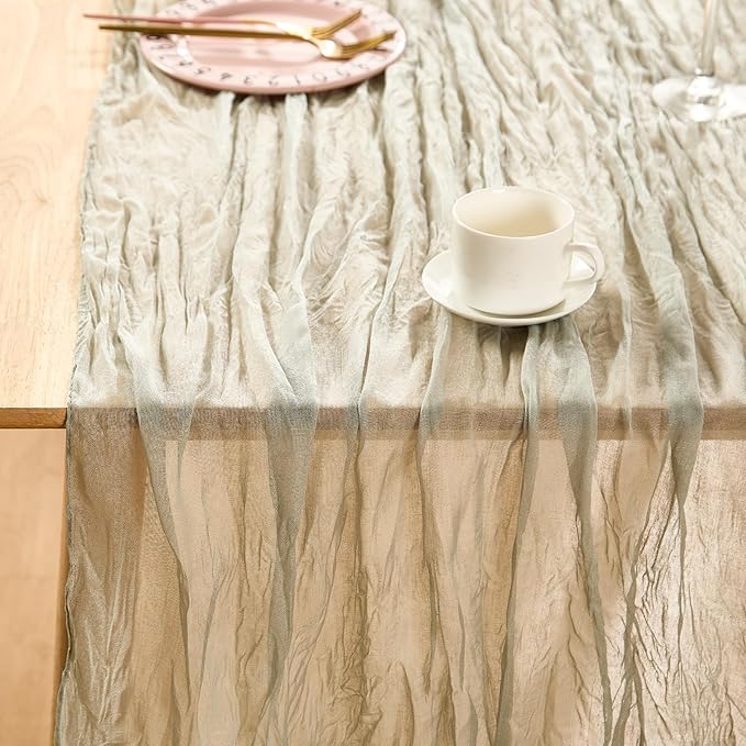 Sage Green Spring Table Runner Boho Cheesecloth Table Runner 120 inches Crinkled Gauze Sheer Mother's Day Table Centerpieces for Wedding Ceremony Anniversary Bridal Baby Shower Banquet