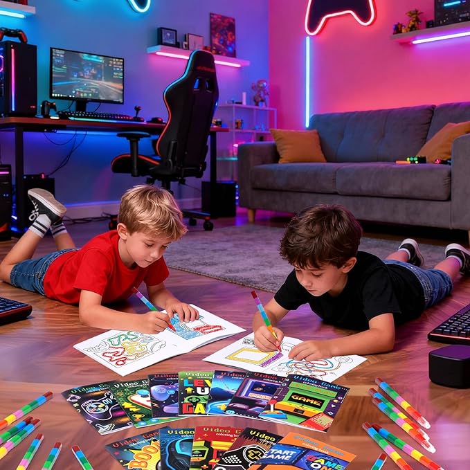 BenLouis 24 Video Game Mini Coloring Books Kids with 24 Stacking Crayons Gaming Party Favors Activity Books Bulk for Kids Boys Neon Game Level Up Goodie Bag Gift Stuffer Classroom Reward