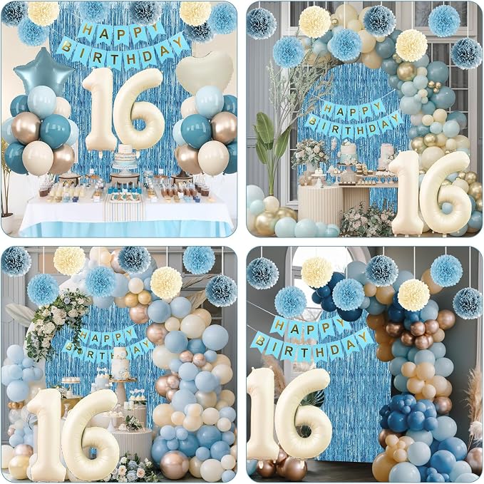 Dusty Blue 16th Birthday Party Decorations Boys Girls Beige Cream Number 16 Balloon with Blue Gold Happy Birthday Banner Fringe Curtain Paper Pom Poms Nude White Sand Champagne Star Foil Balloons