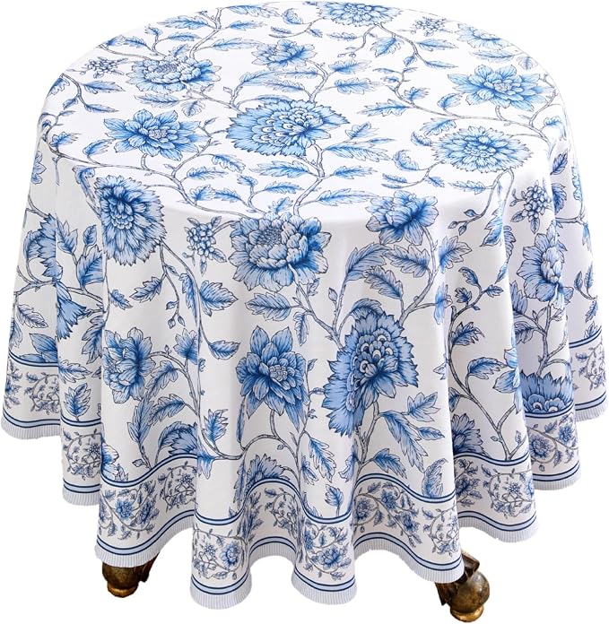 ISAENNE Designer French Linen Round Tablecloth,Diameter 67"-BlueWilow | Chinoiserie Vintage Elegant Table Cloth,Blue Floral Pattern,Beautiful,Dining Room,Kitchen,Tea Party,Thanksgiving,Decor