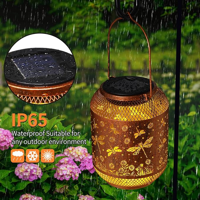 2 Pack Dragonfly Solar Lanterns Outdoor Waterproof Garden Decor Gifts for Mom Women Grandma Metal Hanging Solar Lights Outdoor Decoration for Patio,Yard,Porch,Backyard